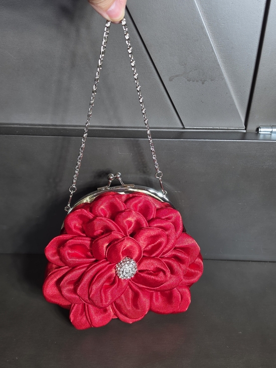 Daniel Ames Couture Handbags - Daniel Ames Couture Vintage Red Floral Satin Kiss Lock Purse Rhinestone Silver
